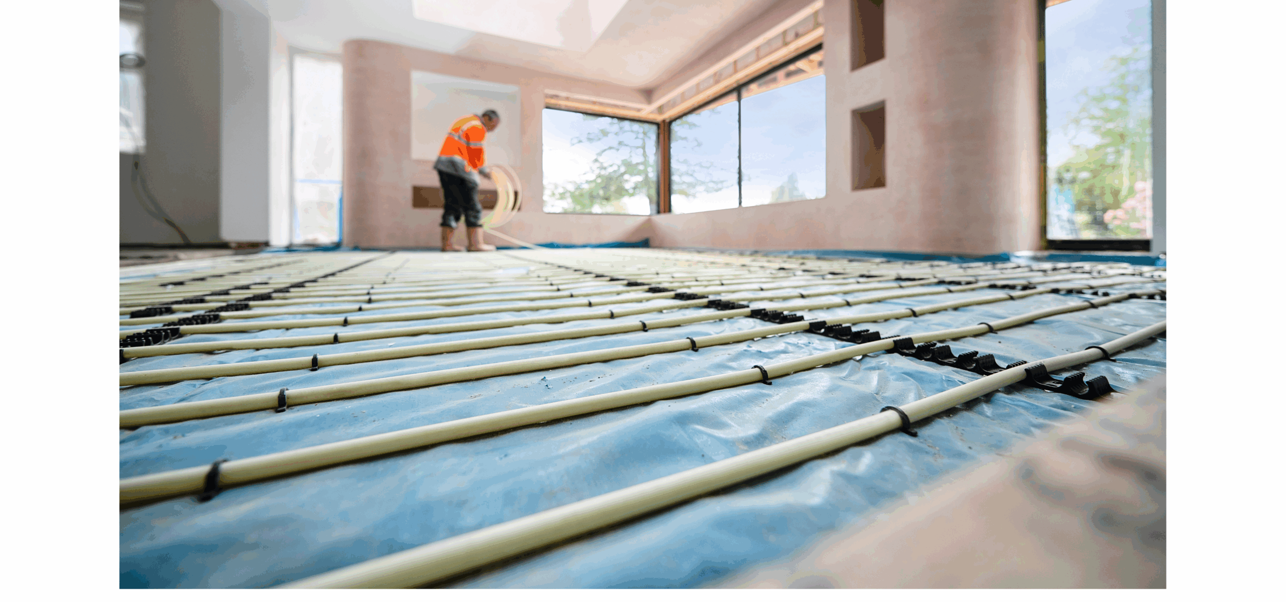 Pracownik firmy Ekovo w pustym pomieszczeniu z dużymi oknami, w trakcie realizowania montażu ogrzewania podłogowego.